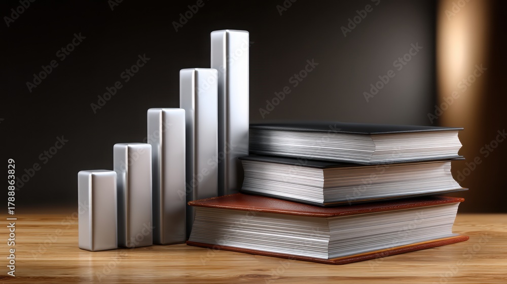 Fototapeta premium Books and bar graph elements on a wooden surface, symbolizing growth and knowledge.