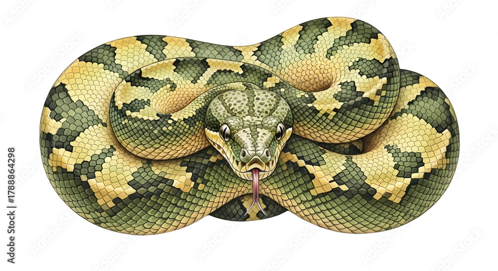 Fototapeta premium Green and yellow coiled carpet python isolated on white background, close-up of snake head, perfect for wildlife or reptile educational content