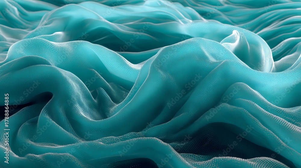 Obraz premium Flowing turquoise fabric texture with subtle light reflections and intricate detail, perfect for modern backgrounds and digital art