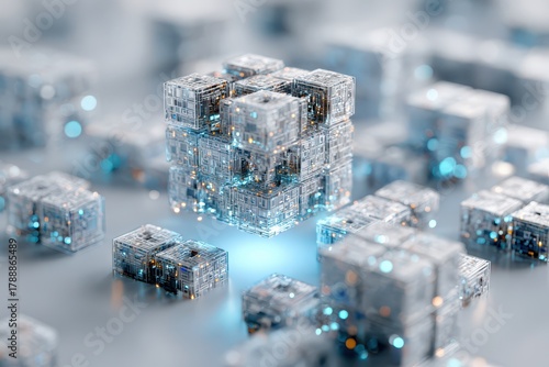Abstract glowing digital cubes representing data, AI, or blockchain technology.