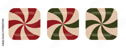 Set of peppermint candy swirl icons in vintage Christmas colors. Festive holiday sweet peppermint design elements for winter decorations, packaging, greeting cards, prints, seasonal graphic projects