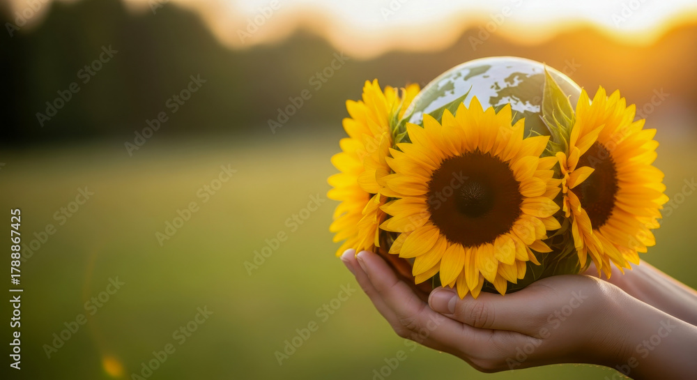 Fototapeta premium Hands holding a globe surrounded by sunflowers at sunset, symbolizing environmental care and hope