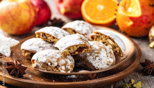 Collection of photos featuring traditional German Lebkuchen, soft gingerbread cookies with honey, nuts, and spices, glazed or chocolate-covered, festive holiday treats from authentic Christmas markets