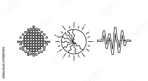 Abstract representations of data, energy, and sound waves on a white background