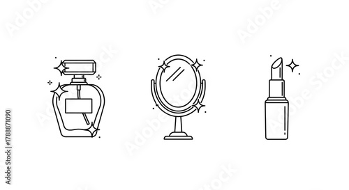 Sparkling beauty icons: perfume bottle, vanity mirror, and lipstick.