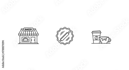 Simple line art icons representing a bakery, baking tools, and coffee to go.
