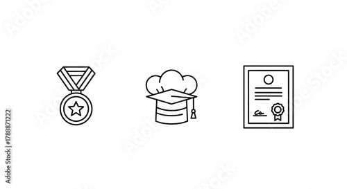 Celebrating achievement with a medal, graduation cap, and certificate icons