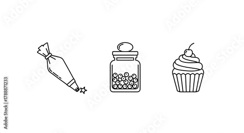 Baking essentials: piping bag, sprinkles jar, and decorated cupcake