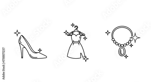Sparkling fashion icons: elegant shoe, glamorous dress, and dazzling necklace.