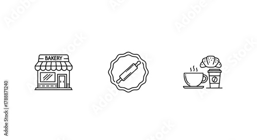 A trio of charming line art icons depicting a bakery storefront, a rolling pin emblem, and a coffee cup with a croissant.