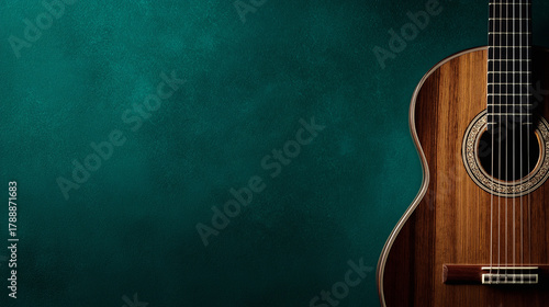 Acoustic guitar body detail against rich teal textured background, musical instrument close-up.