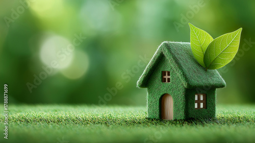 Small eco house model on grass with leaf symbolizing sustainable green architecture.