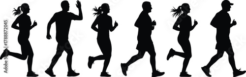 People running silhouettes, jogging exercise, fitness workout concept, healthy lifestyle vector illustration for sports design