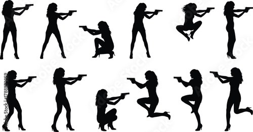 Women action silhouettes with guns, secret agent poses, strong female power vector illustration for design