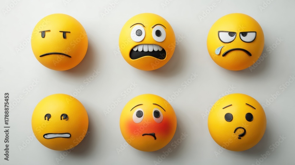 Obraz premium Collection of Six Emoticons Showing Various Feelings Such as Sadness, Anger, Confusion, and Embarrassment on a Plain Background