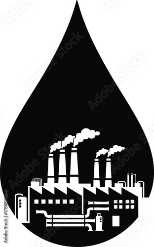 Industrial factory with smoking chimneys inside a black drop.