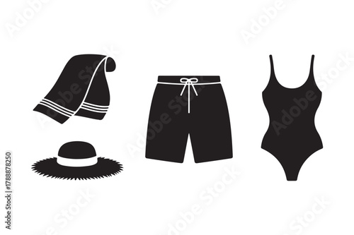 Black silhouette of beachwear and accessories