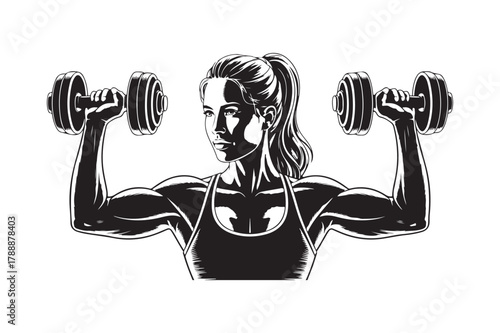 Woman lifting dumbbells with muscular arms in black and white