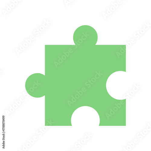 Flat green jigsaw puzzle piece silhouette. Simple puzzle section for boardgame and table hobby. Minimalist design with children toy concept, isolated graphic. Fun activity for kids or family play.