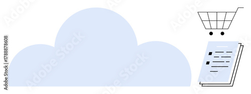 Cloud element connects to a shopping cart and a digital document, symbolizing online storage, e-commerce, and data sharing. Ideal for cloud computing, documentation, data, technology, commerce