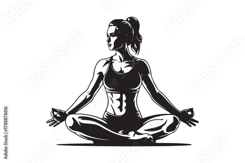 Silhouette of a woman in a yoga pose with a serene expression