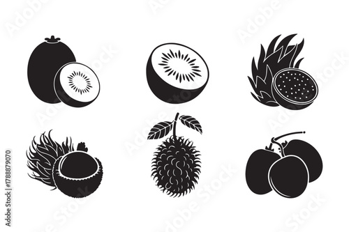 Stylized silhouettes of exotic tropical fruits collection