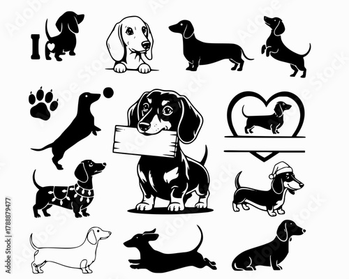 dachshund silhouette dog different poses linocut style vector illustration on white background