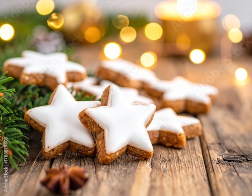 Collection of photos featuring festive German Zimtsterne cookies, star-shaped cinnamon almond treats with white glaze, rustic holiday table decor, pine branches, golden lights, and cozy Christmas