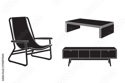 Black furniture silhouettes featuring a chair coffee table and media console