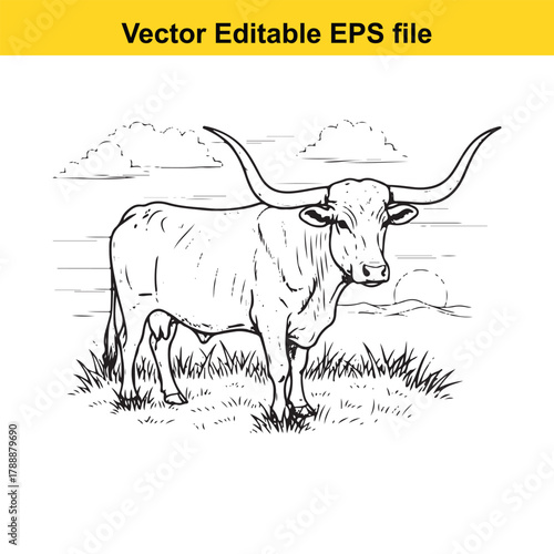 Longhorn bull standing in a grassy field with clouds in the background, sketch style