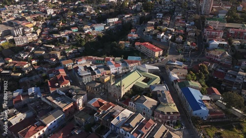 Flying Over a Church in Valparaíso's Historical Center at Sunset