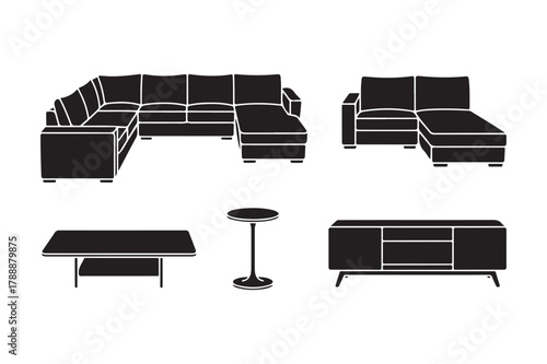 Modern living room furniture silhouettes including sectional sofas and coffee table