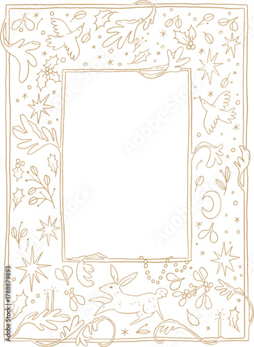 Whimsical line art golden illustration of Christmas Celestial Border frame overlay with winter holiday elements. Vector Christmas floral graphic