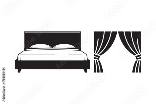Simple silhouette of a bed and curtains