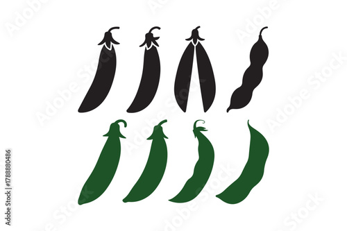 Silhouettes and illustrations of pea pods in two rows