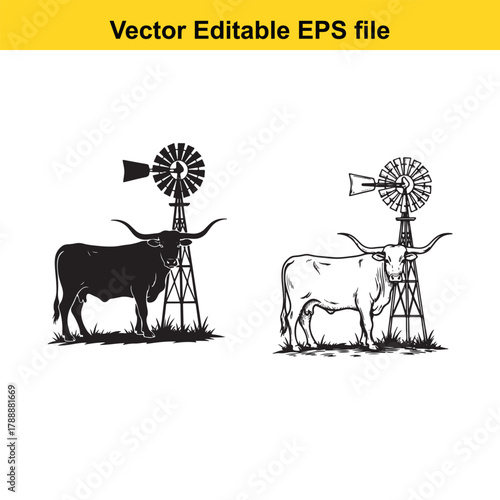 Two texas longhorn cattle, one black silhouette and one detailed sketch, standing near a windmill on a white background