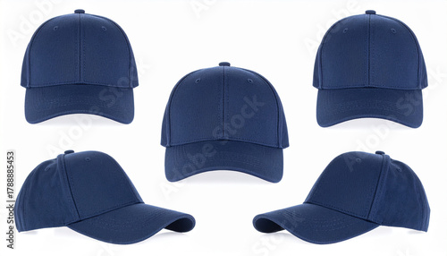 Collection of navy blue baseball caps shown from multiple angles on a white background