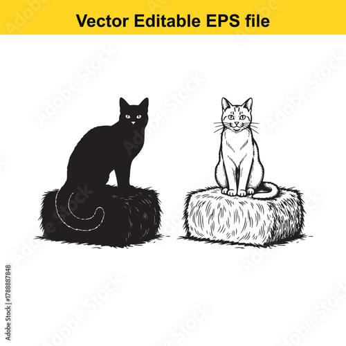 Two cats, one black silhouette and one line drawing, sitting on hay bales