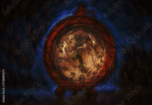 Distorted Vintage Clock in Abstract Light and Selective Focus.