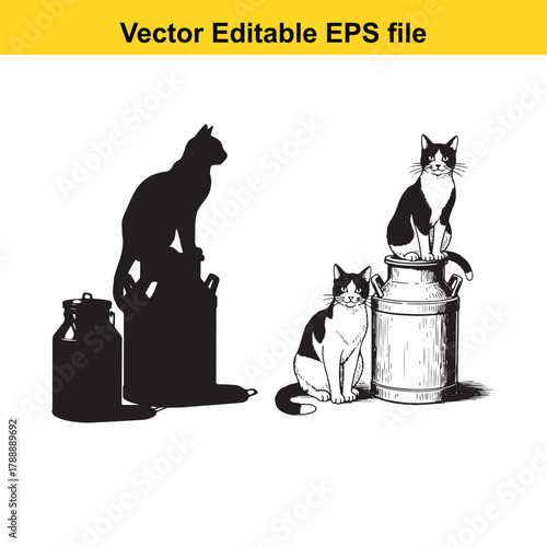 Two cats, one black silhouette and one detailed drawing, sitting on milk cans