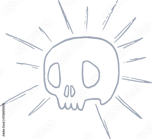 Whimsical castle core line art silver illustration of skull with rays. Vector medieval hand drawn doodle.