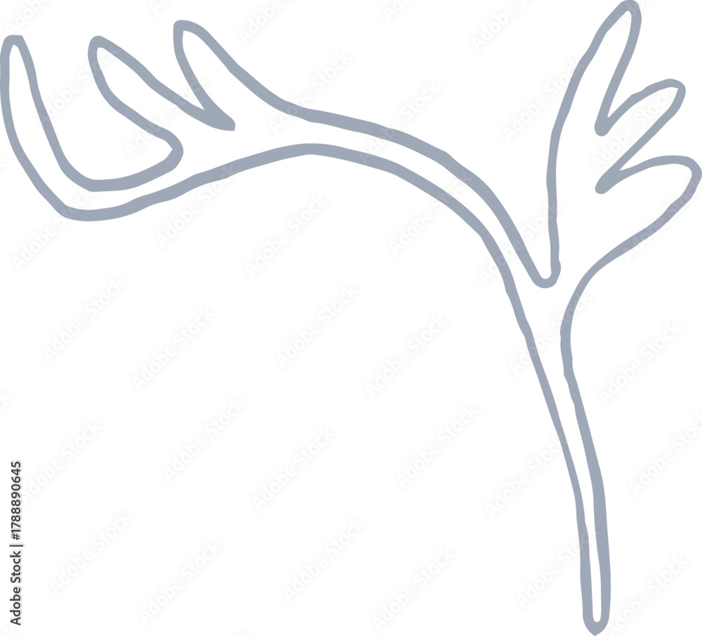 Fototapeta premium Whimsical castle core line art silver illustration of simple leaf branch. Vector medieval hand drawn doodle.