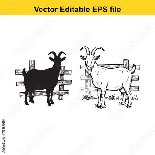 Two goats, one black silhouette and one detailed drawing, standing behind a wooden fence on a