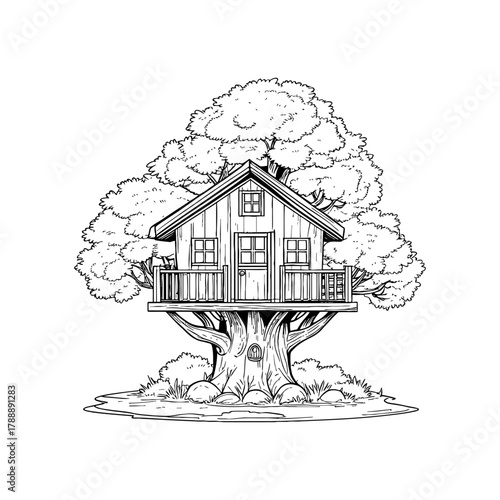 Engraving of a tree house.
