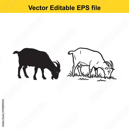 Two goats, one in silhouette and one in outline, grazing on grass, vector editable eps file