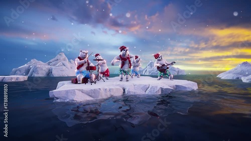 Christmas Party: Funny polar bears dance and play on an ice floe among icebergs at the North Pole. Animated 3D video for holiday events, greeting cards, and winter-themed content.