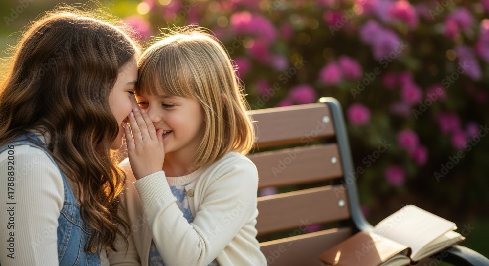 Fototapeta premium young girls sharing secret on park bench surrounded by pink flowers in sunny garden