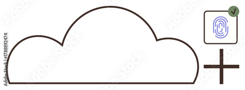 Cloud outline with a fingerprint icon and plus sign, representing secure storage, biometric access, added functionality. Ideal for technology, data management, security, access control, privacy