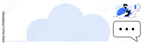 Cloud as main element with user holding device, speech bubble for communication. Ideal for digital interaction, cloud platform, social media, customer feedback, mobile technology, networking, simple