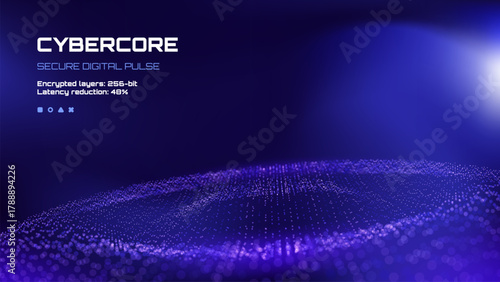 Digital particle wave on blue gradient. Secure data transmission abstract background. Global network and technology concept.